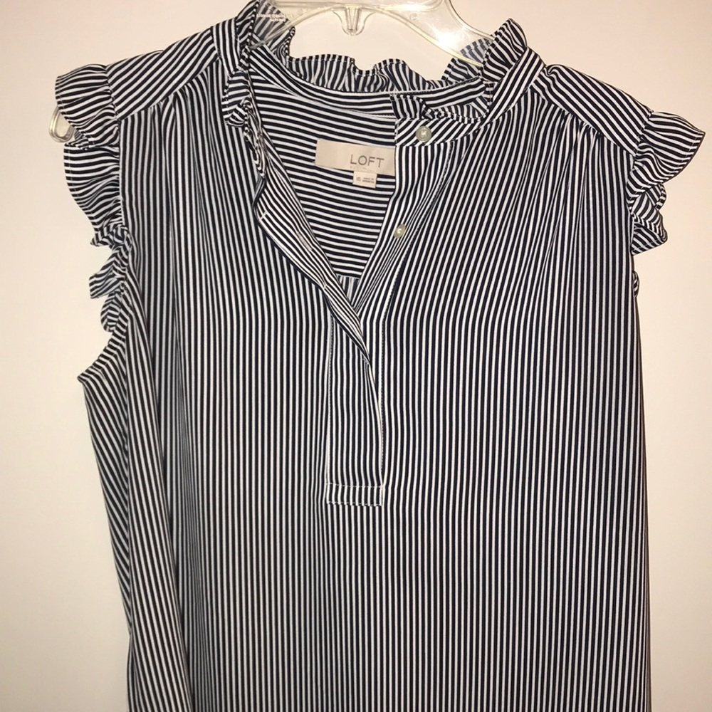 LOFT frilly sleeve Blouse XS Blue/White Stripe